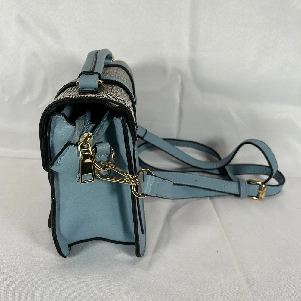 Michael Kors Glen Plaid Satchel Crossbody Bag Light Blue Gold W/Handle & Strap